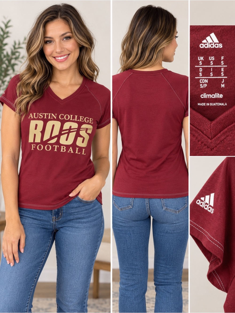 Adidas Austin College Roos Football Climalite Women's Maroon/Burgundy V-Neck Tee